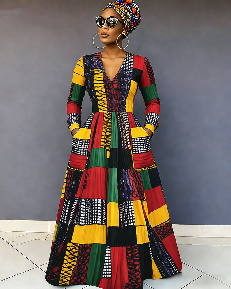 Reggae Colorblock Side Panel African Print Maxi Dress