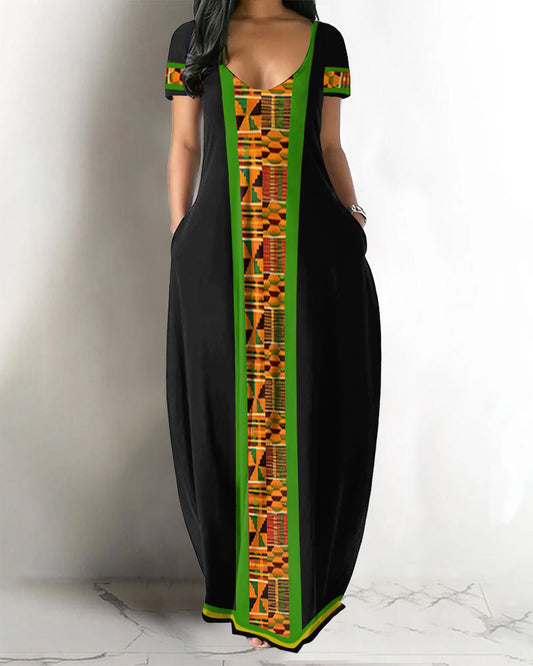 Black Gold Geometric Panel African Print Maxi Dress