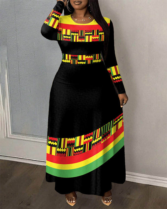 Round Neck Kente Band African Print Maxi Dress