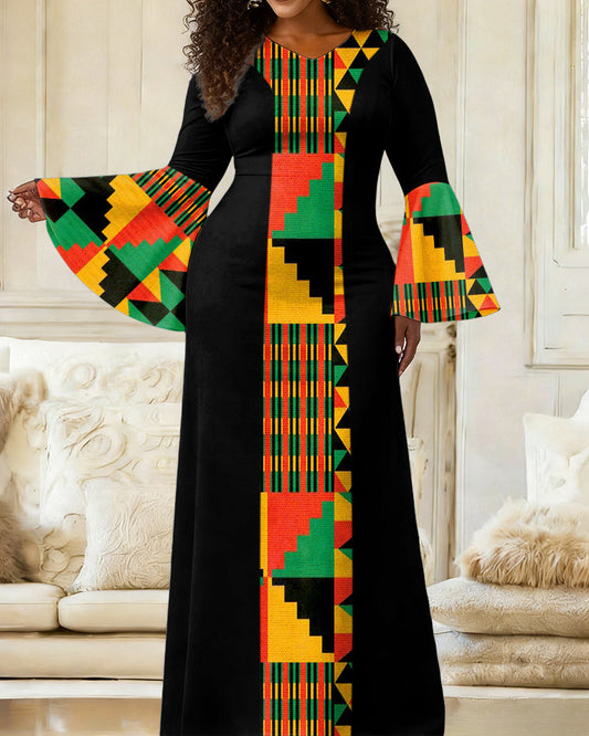 Bell Sleeve Kente Stripe African Print Maxi Dress