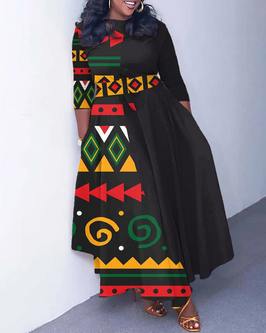 Black Panel Tribal Print Maxi Dress