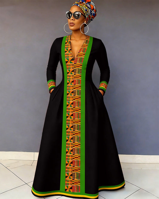 Green Kente Stripe African Print Maxi Dress