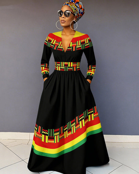 Horizontal Kente Band African Print Maxi Dress