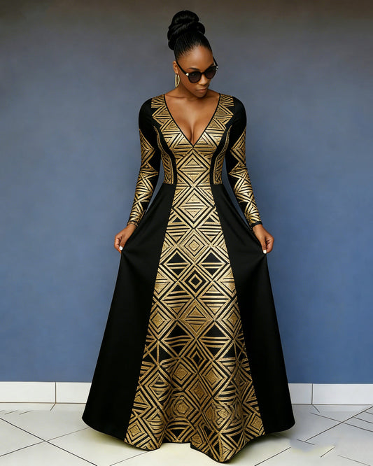 Gold Diamond African Print Maxi Dress