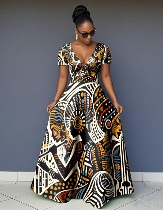 Abstract Art V-Neck Maxi Dress